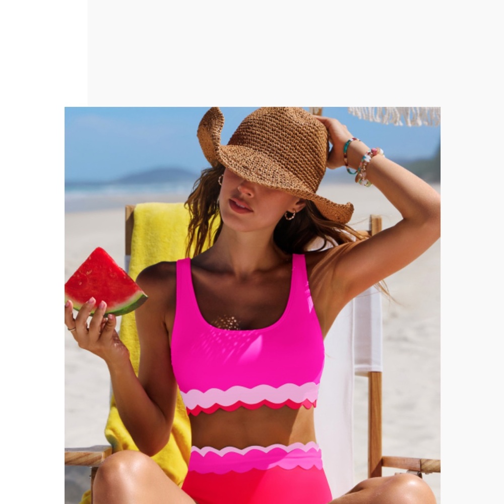 Neon Pink Scallop-Trim High Waist Bikini - Women size Small